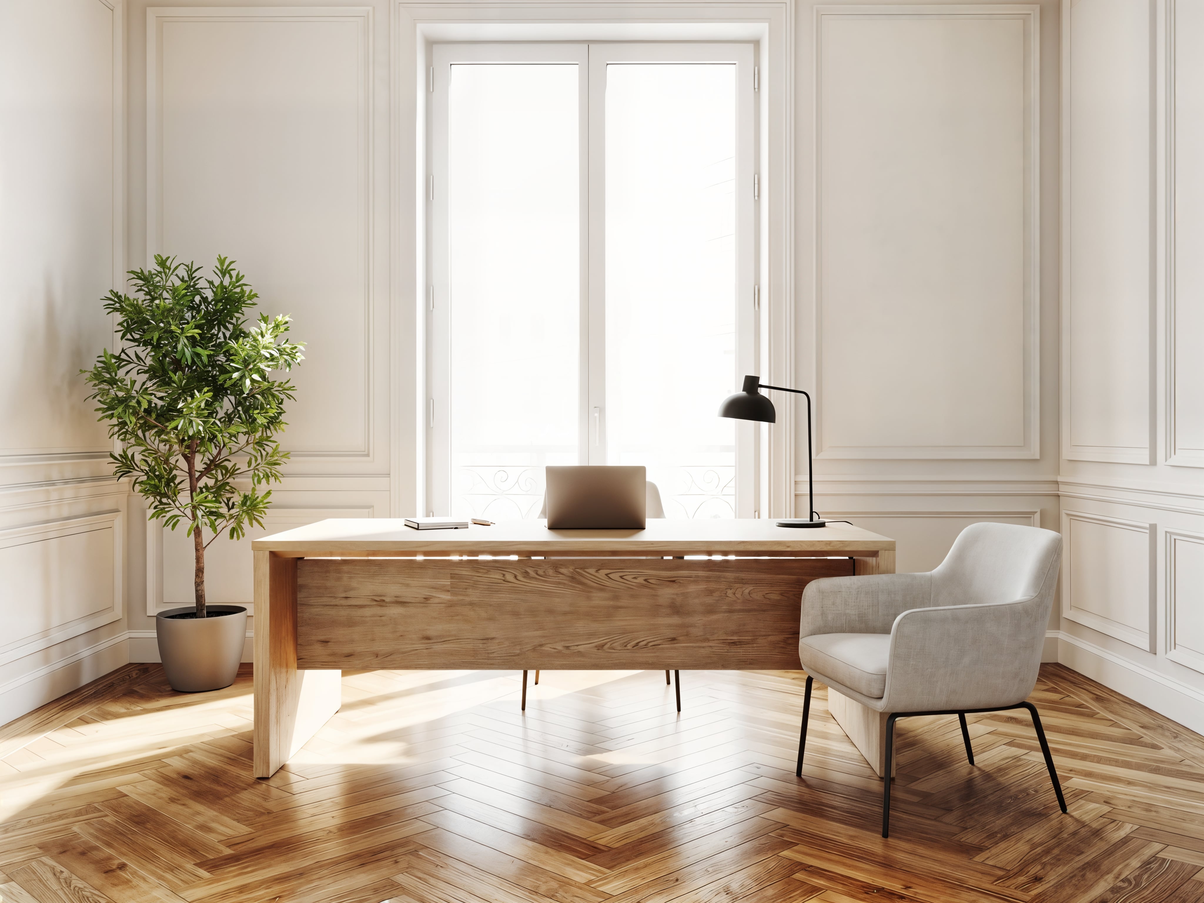 Bureau du cabinet, parquet et lumière naturelle